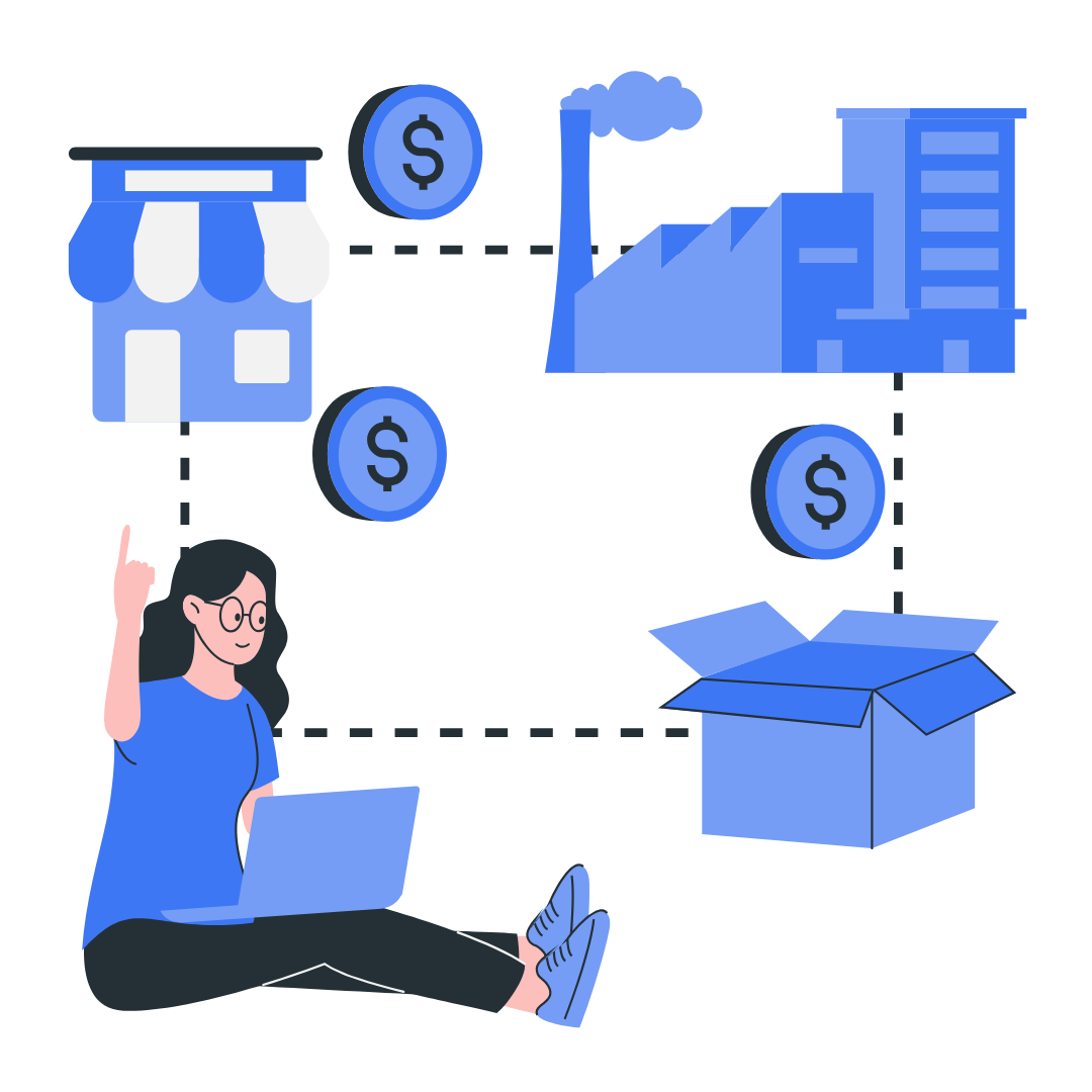 Proces dropshippingu w sklepie internetowym – sprzedaż online, dostawa z hurtowni do klienta, ilustracja pokazująca etapy modelu dropshippingowego.