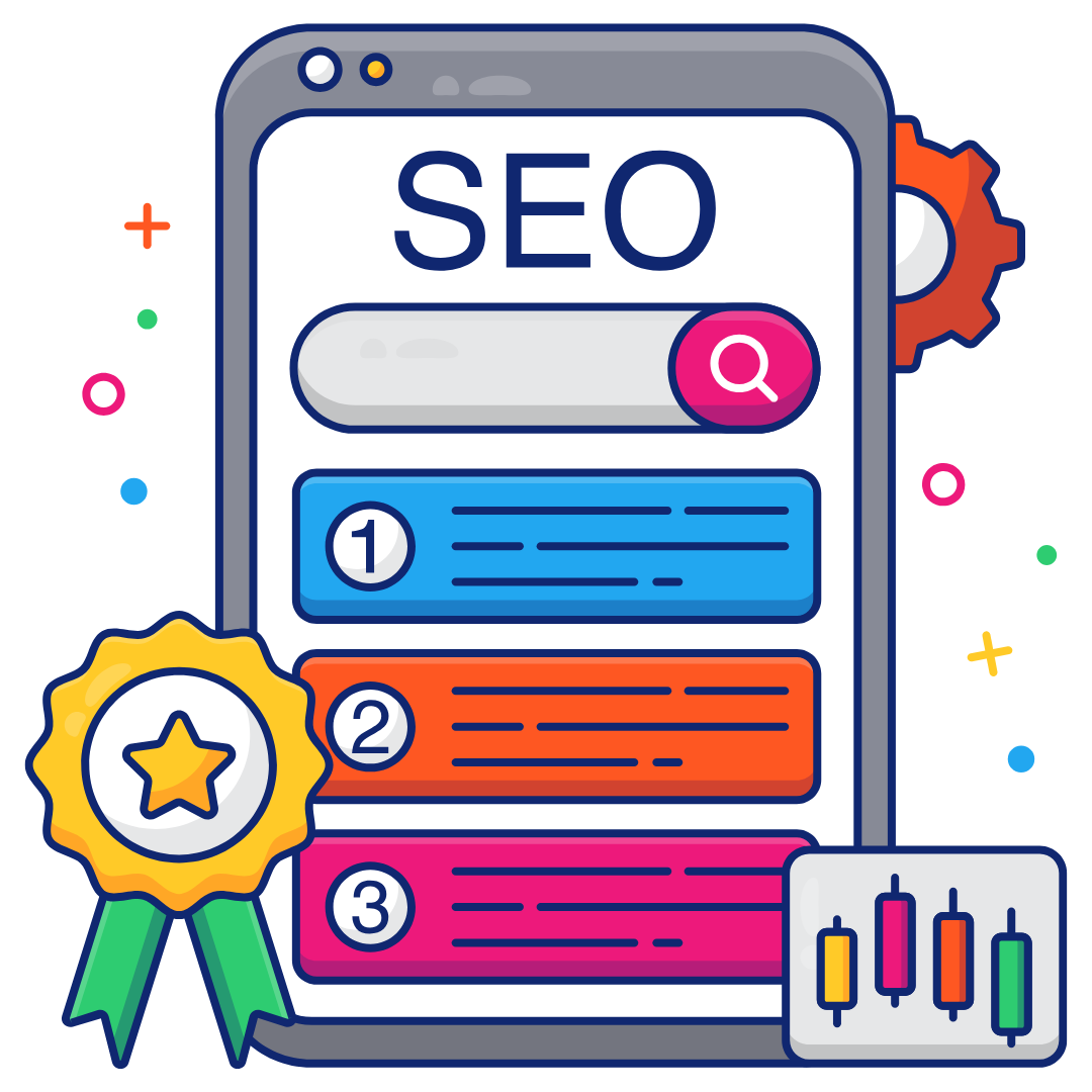 Ilustracja przedstawiająca ekran smartfona z wynikami SEO na pozycjach 1, 2 i 3, symbolizująca skuteczne pozycjonowanie stron internetowych.